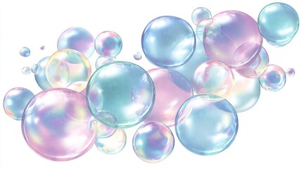 Bubbles of various sizes and colors float gracefully in the air creating a playful and cheerful atmosphere. The soft light reflects off their surfaces enhancing their beauty.