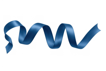 Blue satin ribbon unfurling, creating a dynamic spiral shape, classic decoration or award element on transparent background