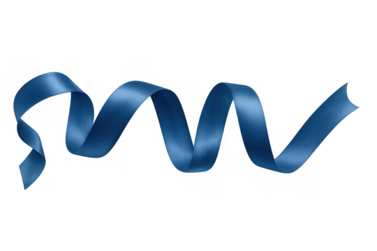 Blue satin ribbon unfurling, creating a dynamic spiral shape, classic decoration or award element on transparent background