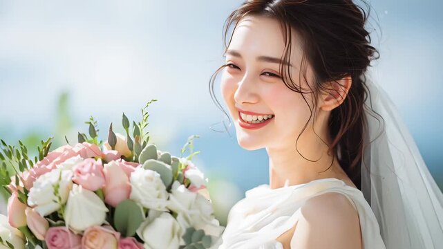 結婚式で白いウェディングドレスを着て花束のブーケを持っている笑顔の女性