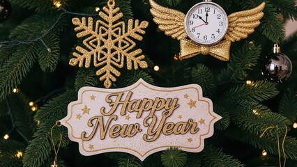 Festive christmas tree with a golden snowflake, winged clock, and happy new year sign, symbolizing holiday cheer and the anticipation of a new beginning