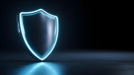 Cyber Security Shield with Glowing Blue Neon Outline on Dark Background.