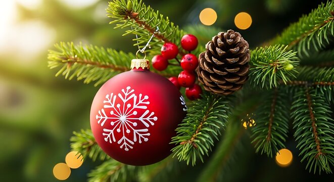 Close up of a festive red bauble with a white snowflake design hanging on a green fir tree branch with a pine cone and bokeh lights - Powered by Adobe
