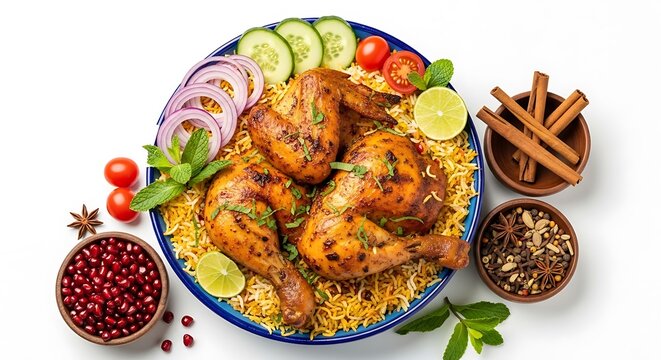 Delicious chicken mandi with rice and fresh vegetables on a plate