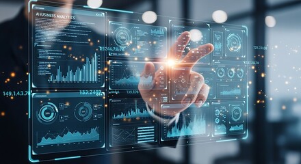 Modern data analytics interface: Interactive dashboard with charts, graphs, and futuristic user interface for data-driven insights.