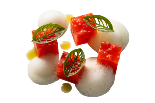 Artistic arrangement of mozzarella balls with fresh basil and tomato slices isolated on transparent background