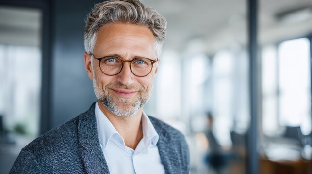 A confident man with gray hair and glasses stands in a bright office. He wears a smart gray blazer and smiles showing professionalism and approachability in a busy work environment.