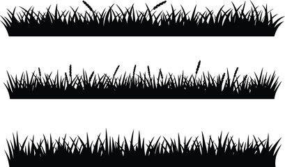 “Grass silhouette borders with wild meadow blades and wheat stems for natural design elements, cad drawing flat vector illustration”