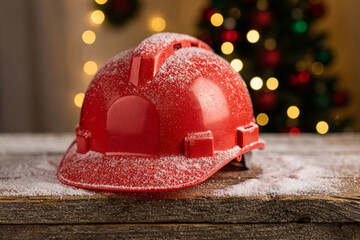 Festive christmas work motivation concept. red hard hat with snow on wood table with holiday background