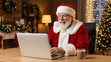 Smiling Santa Claus gets motivation for his christmas work using laptop in cozy home office with festive tree