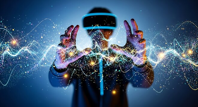 Person Experiencing Virtual Reality with Glowing Particle Effects, Exploring Digital Frontier with Futuristic Headset, Immersive Tech Experience.