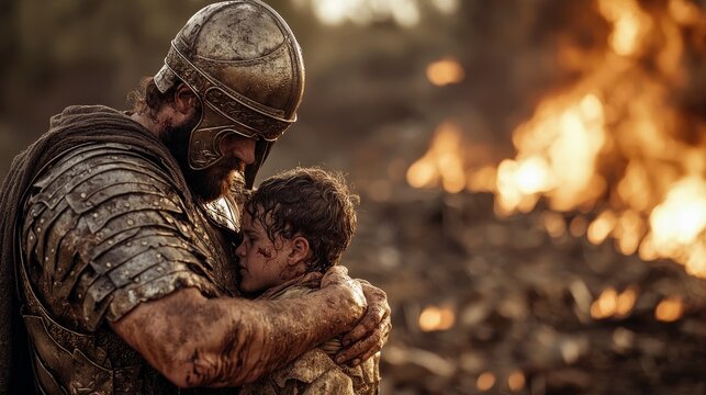 A Roman soldier in armor embraces a young child. They are on a battlefield with fires and debris in the background. The lighting is dramatic.