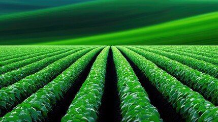 A field of vibrant green crops with rows extending towards the horizon under a gradient green sky.