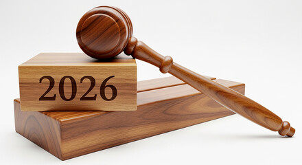 Gavel on Wooden Block with 2026 Inscription Future Legal Decisions Lawsuit Outcomes and Judicial Review Concept Legal
