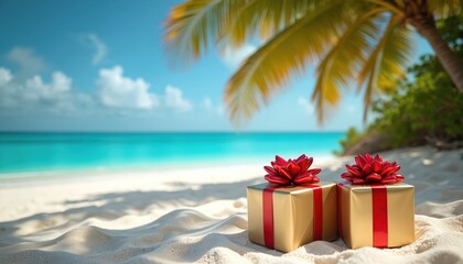 Golden gift boxes with red ribbon sit on sandy beach beside palm tree. Presents await unwrapping near ocean. Tropical Christmas celebration, festive holiday scene.