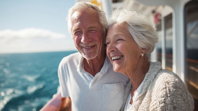 A cheerful elderly couple smiles while standing on the deck of a cruise ship. Sunlight shines on them as they enjoy the vast ocean view. The backdrop features gentle waves and a clear sky.