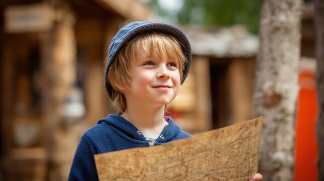 A cheerful young boy holds a detailed map while exploring an outdoor area filled with rustic wooden structures. The scene captures a sense of adventure in nature.