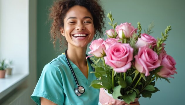 Smiling nurse holding bouquet of pink roses. Happy woman in scrubs received flowers. Medical worker celebrates promotion. Doctor with stethoscope enjoys gift. Healthcare professional at hospital.