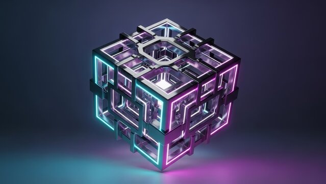 “Highly detailed 3D render of a floating geometric cube sculpture made of metallic frames and glowing neon edges, soft volumetric lighting, minimal futuristic background, high-contrast reflections, mo