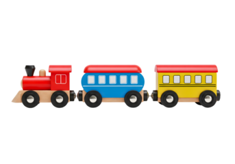 Colorful wooden toy train with red engine blue tanker and yellow carriage