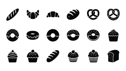 Bakery food silhouettes icon set isolated on white background, Vector