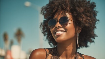 A woman with beautiful curly hair is smiling while enjoying a sunny beach day. She wears stylish sunglasses and exudes confidence and happiness. The vibrant atmosphere highlights her joy.