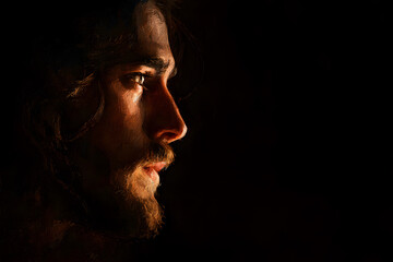 A serene side portrait of Jesus with an isolated dark background