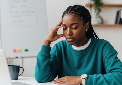 Stressed young woman with braided hair holding head at desk with laptop worried anxious