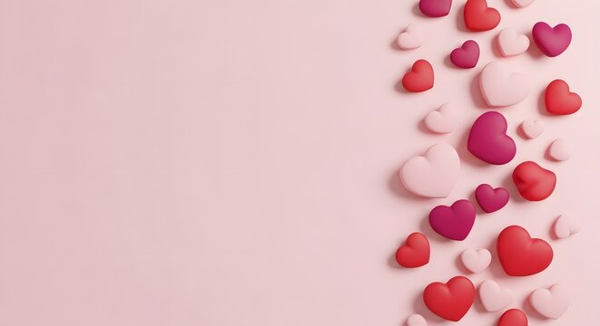 A vertical arrangement of assorted red and pink hearts on a soft pink background - Powered by Adobe
