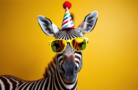 Zebra wears party hat and sunglasses against yellow background. Animal is ready for celebration, looking festive and fun. It is a cheerful image for various events and themes.