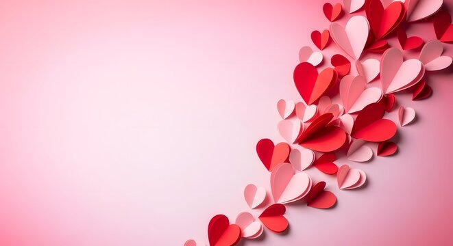 Cascading red and pink paper hearts flowing across a soft pink background - Powered by Adobe
