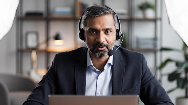 A man in a suit wearing a headset and looking at a laptop. The background shows an office setup