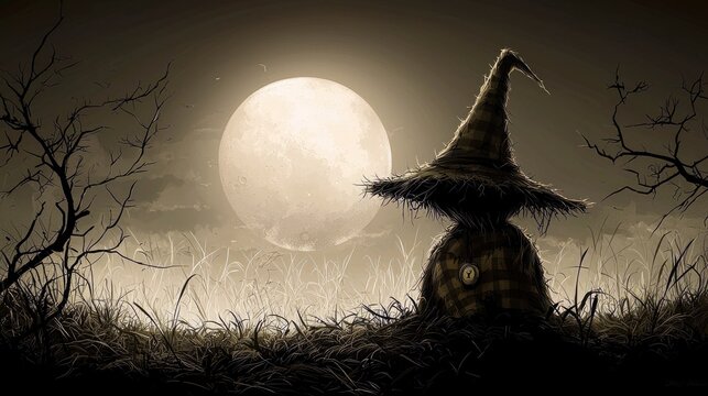 A scarecrow stands in a field under a full moon, creating a spooky and mysterious atmosphere. The image is stylized with a sepia tone. - Powered by Adobe