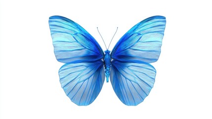 Fototapeta premium A beautiful blue butterfly spreads its wings wide showcasing delicate patterns and textures. The bright colors shine under natural light creating a stunning visual display in a peaceful setting.