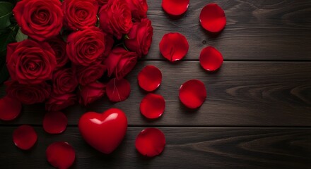 Romantic arrangement of red roses and heart on rustic wooden surface