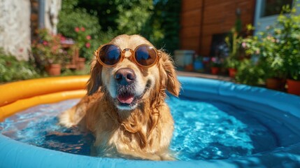 A golden retriever happily swims in a colorful backyard pool. The dog is wearing round sunglasses soaking up the sun on a bright day surrounded by flowers and greenery.