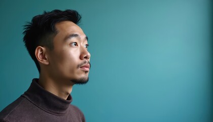 Asian man looks aside with thoughtful expression. Guy wears turtleneck sweater. He is in studio against blue background. Empty space for text.