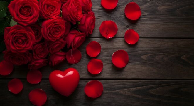Romantic arrangement of red roses and heart on rustic wooden surface - Powered by Adobe