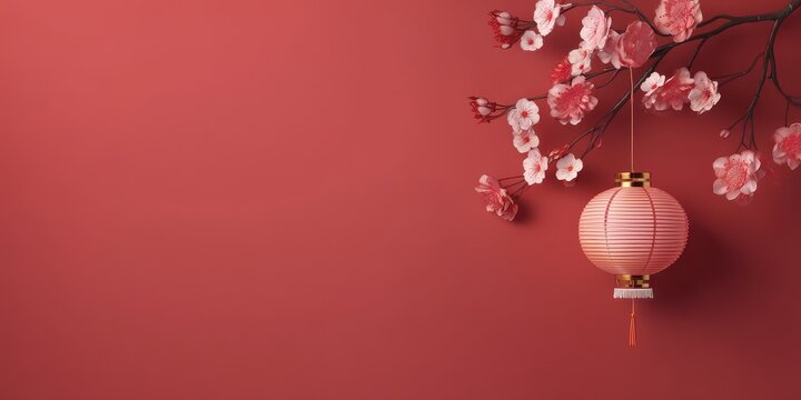 Chinese new year background with traditional lantern and cherry blossom branch on a vibrant red wall, asian celebration - Powered by Adobe