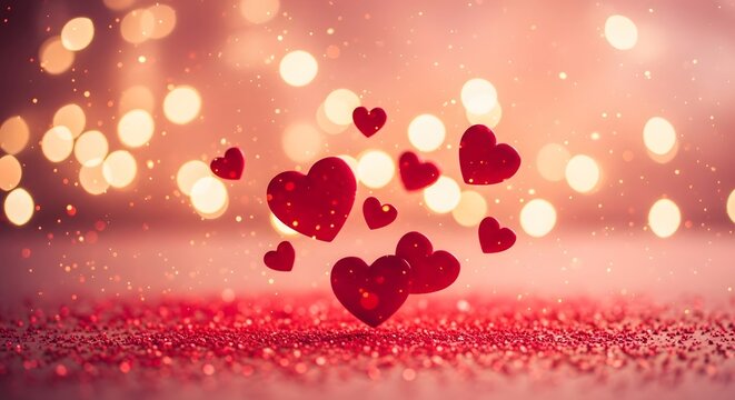 Romantic red hearts floating amidst soft bokeh lights and glittering surface