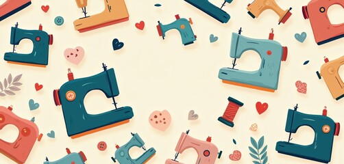 Sewing themed background illustration with cute cartoon machines. Colorful pattern shows tailoring equipment for hobby craft. Needlework concept with thread spool, buttons, hearts. Flat design for