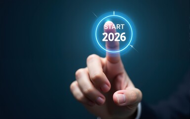 happy new year 2026,Finger about to twist the start button 2026 with the text 2025,2026,2027 and start on twist button.Concept of planning,start,career path,business strategy,opportunity and change