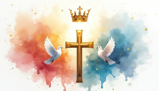 Golden cross with crown and two doves symbolise trinity concept. Abstract watercolor background with gold stars. Holy spirit represents peace, resurrection, divine love. - Powered by Adobe