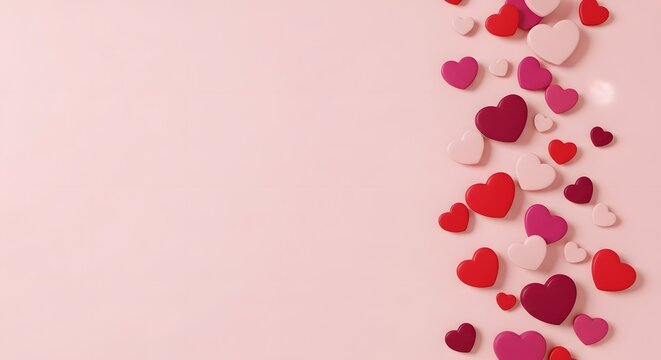 Soft pink background with a vertical border of scattered red and pink hearts