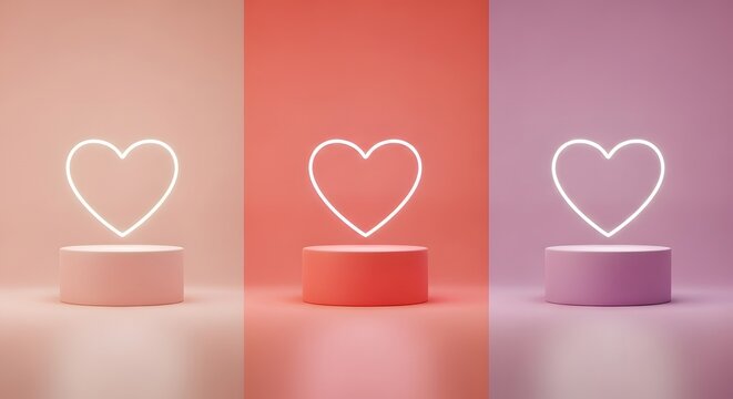 Three glowing neon heart outlines hover above colorful pedestals in a studio setting