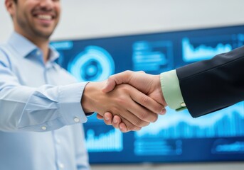 Two businessmen shaking hands in front of a digital data display handshake agreement