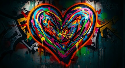 Naklejka premium Vibrant graffiti heart art with dripping paint and abstract background