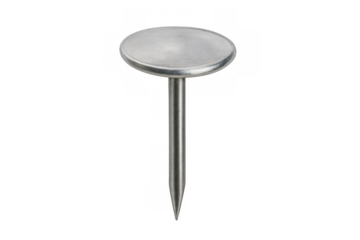 Silver round thumbtack on transparent background. Office supply for attaching papers, documents, or maps