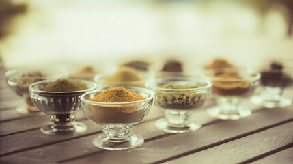  An artistic arrangement of spice cups on a wooden table from an overhead perspective.