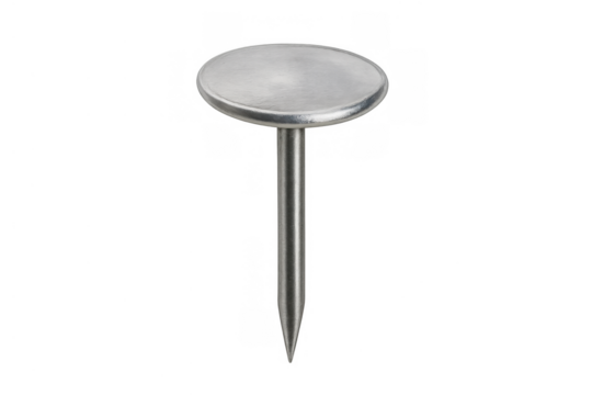 Silver round thumbtack on transparent background. Office supply for attaching papers, documents, or maps